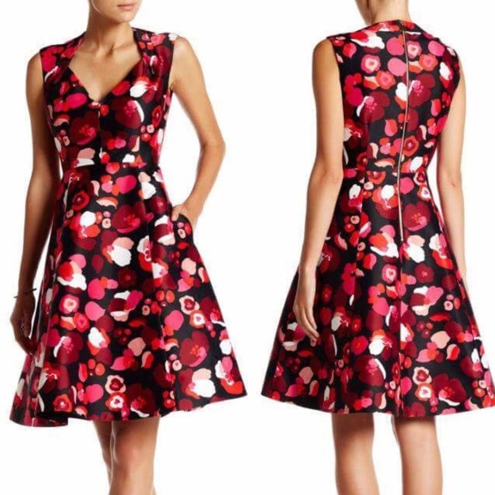 kate spade Black Red and Pink Floral Fit-and-Flare Dress